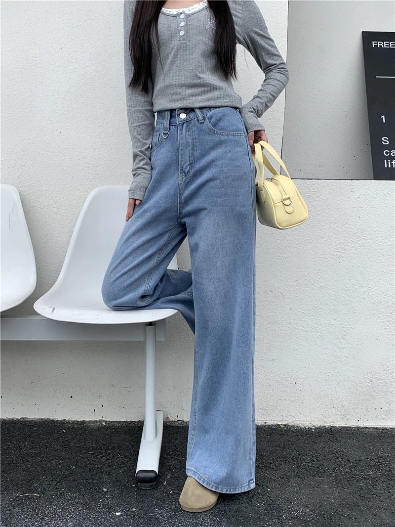 Women's Jeans Korean Fashion High Waist Y2K Straight Wide-legged Pants Female High quality Blue Black trousers 2024 New Style