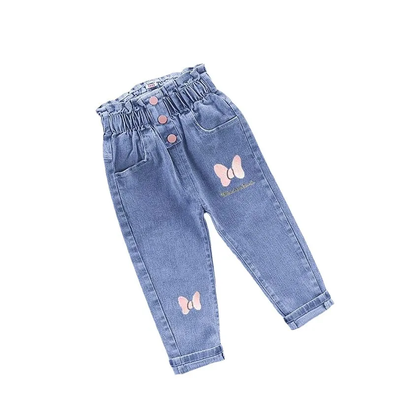 Korean version Children\'s Jeans 2024 Spring Autumn Season New Girls\' High Waist Elastic Love Cat Printed Jeans Infant Pants