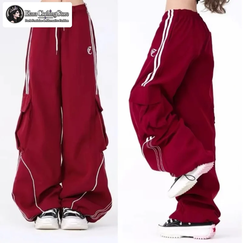 Women Y2K Wide Leg Cargo Pants Drawstring Waist Full Length Large Side Pockets Relaxed Fit Casual Urban Streetwear Trousers
