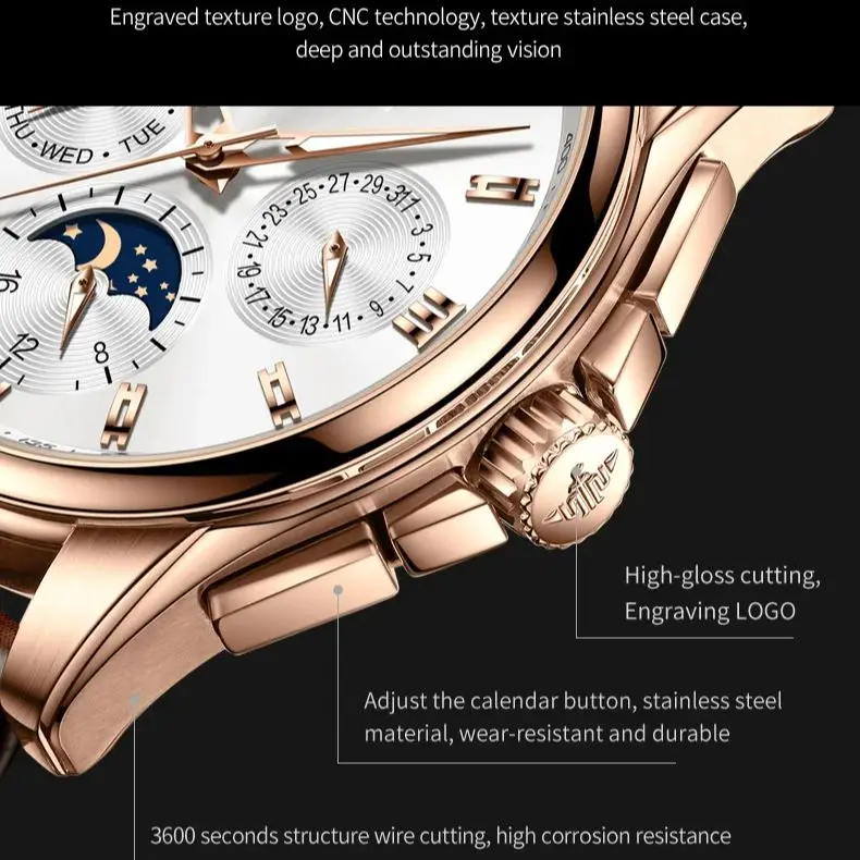 OUPINKE 3189 Men\'s Watch Top Luxury Brand Automatic Mechanical Watch Fashion Leather Waterproof Sapphire Mirror Moon Men\'s Watch