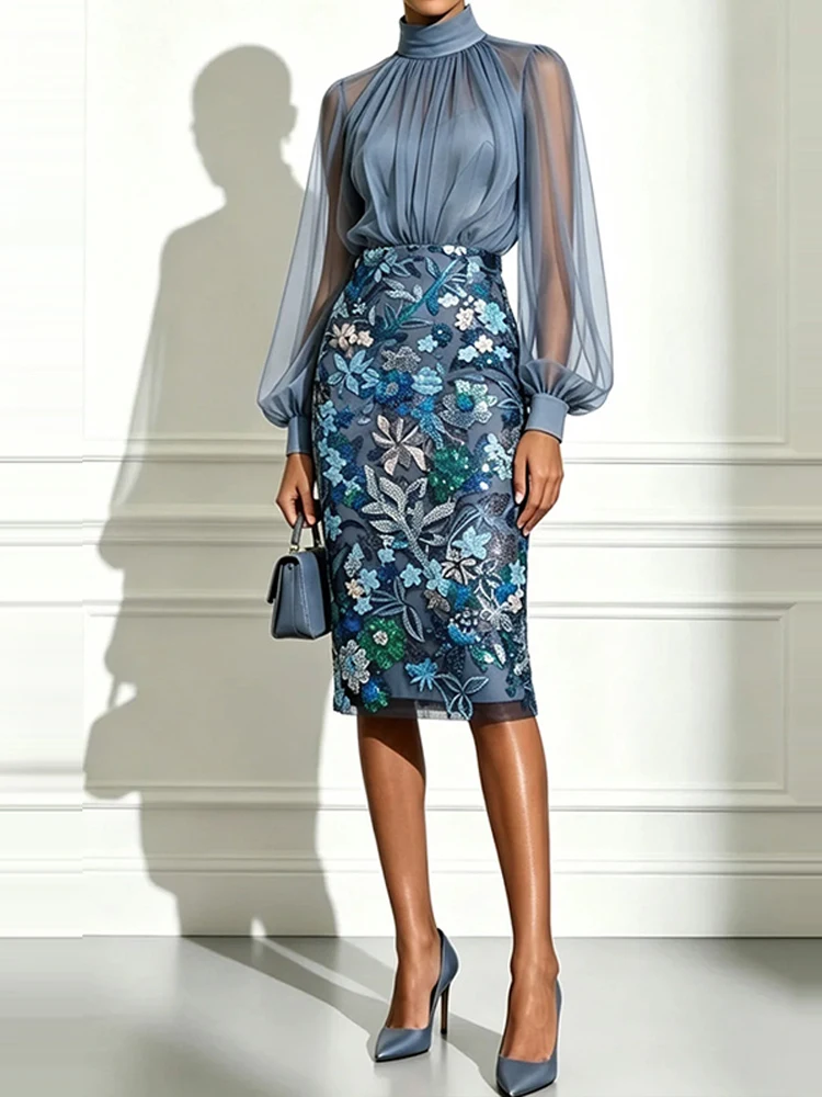 Elegant Stand Collar Long Sleeved Office Suits Simple Solid Top+Printed Skirt 2pc Set Retro Floral Embroidery High Waist Outfits