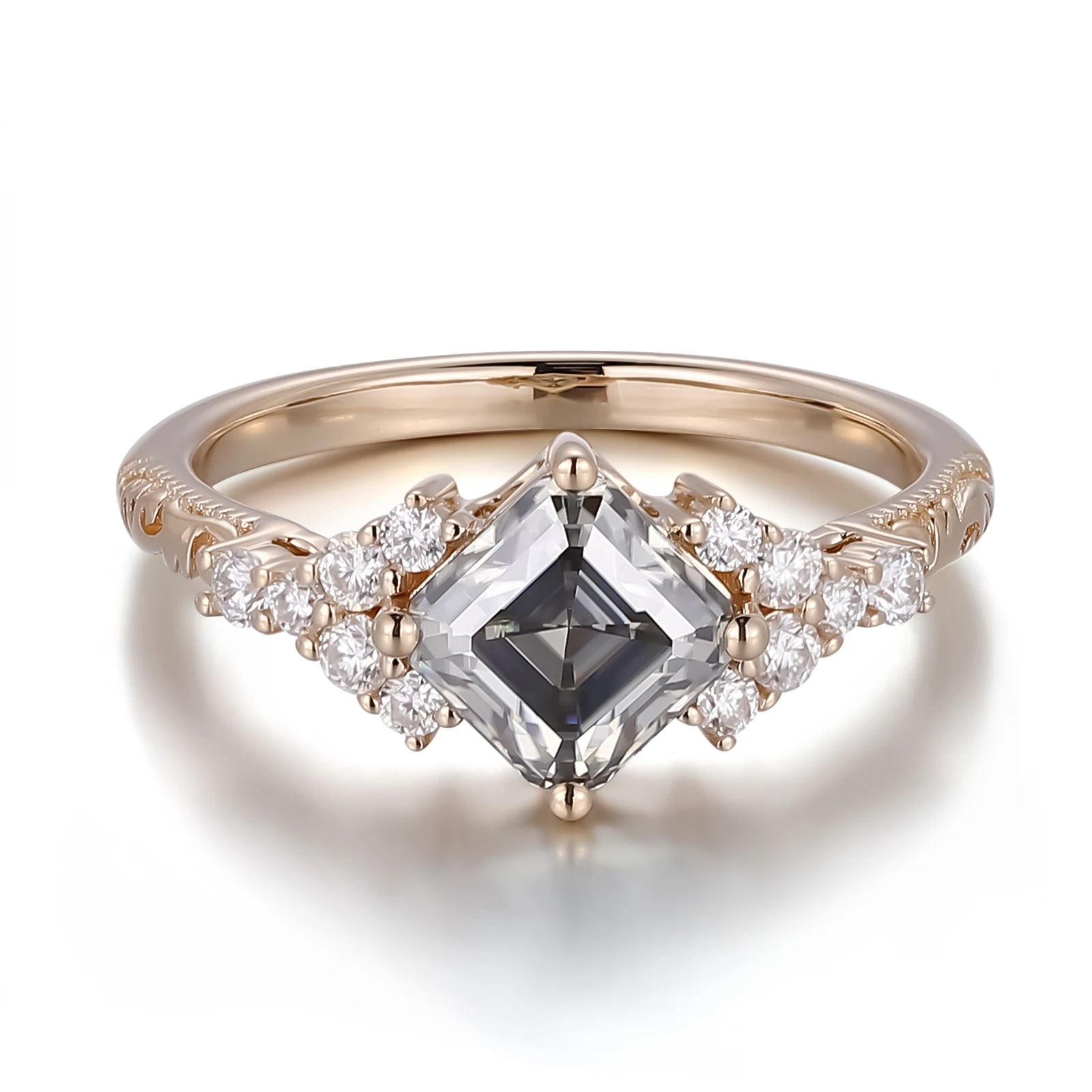 Provence 14K Yellow Gold Cluster Ring With 6*6mm Asscher Cut Gray Moissanite For Women Elegant Ring With Exquisite Carvings