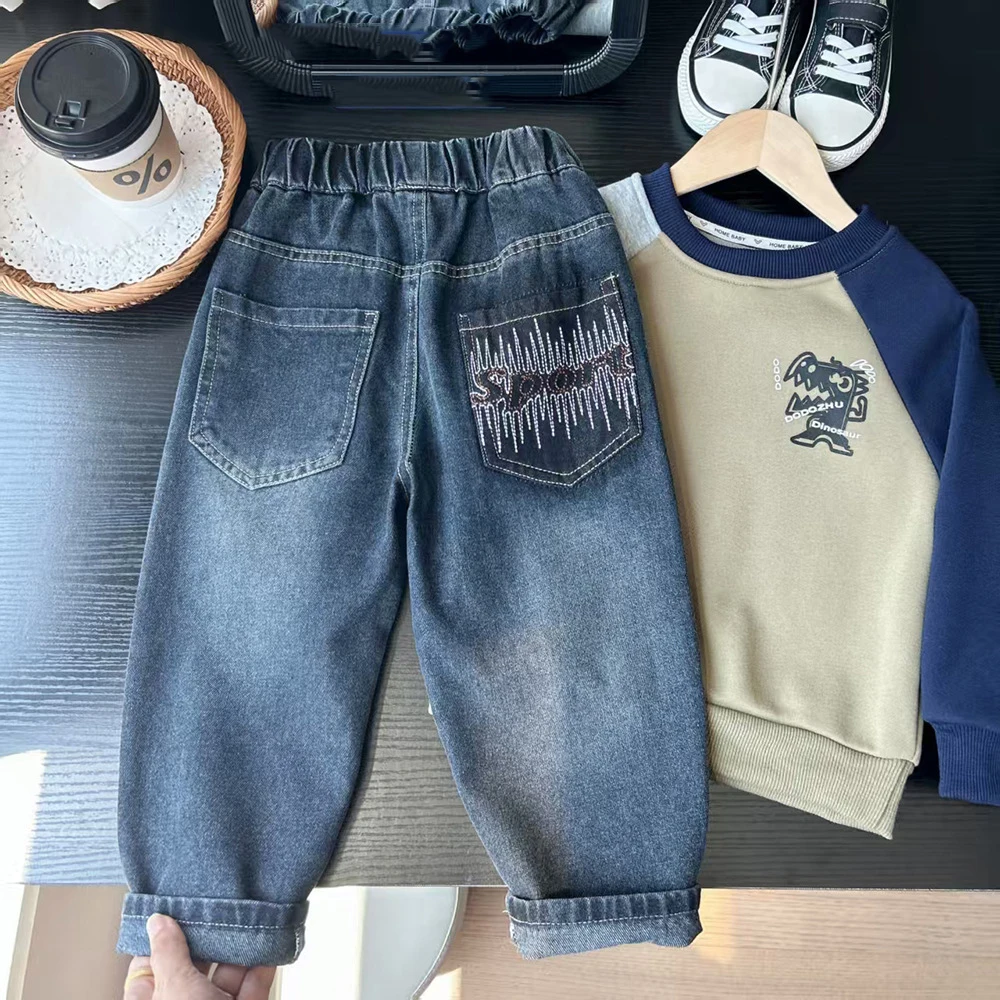 

UNITIM/Детские джинсы для маленьких мальчиков, новые зимние утепленные джинсовые штаны с карманами и вышивкой букв для маленьких мальчиков, штаны с эластичной резинкой на талии для маленьких мальчиков
