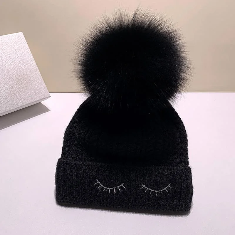 Autumn Winter Knit Hats For Women Real Fox Fur Pompom Caps Fashion Female Beanies