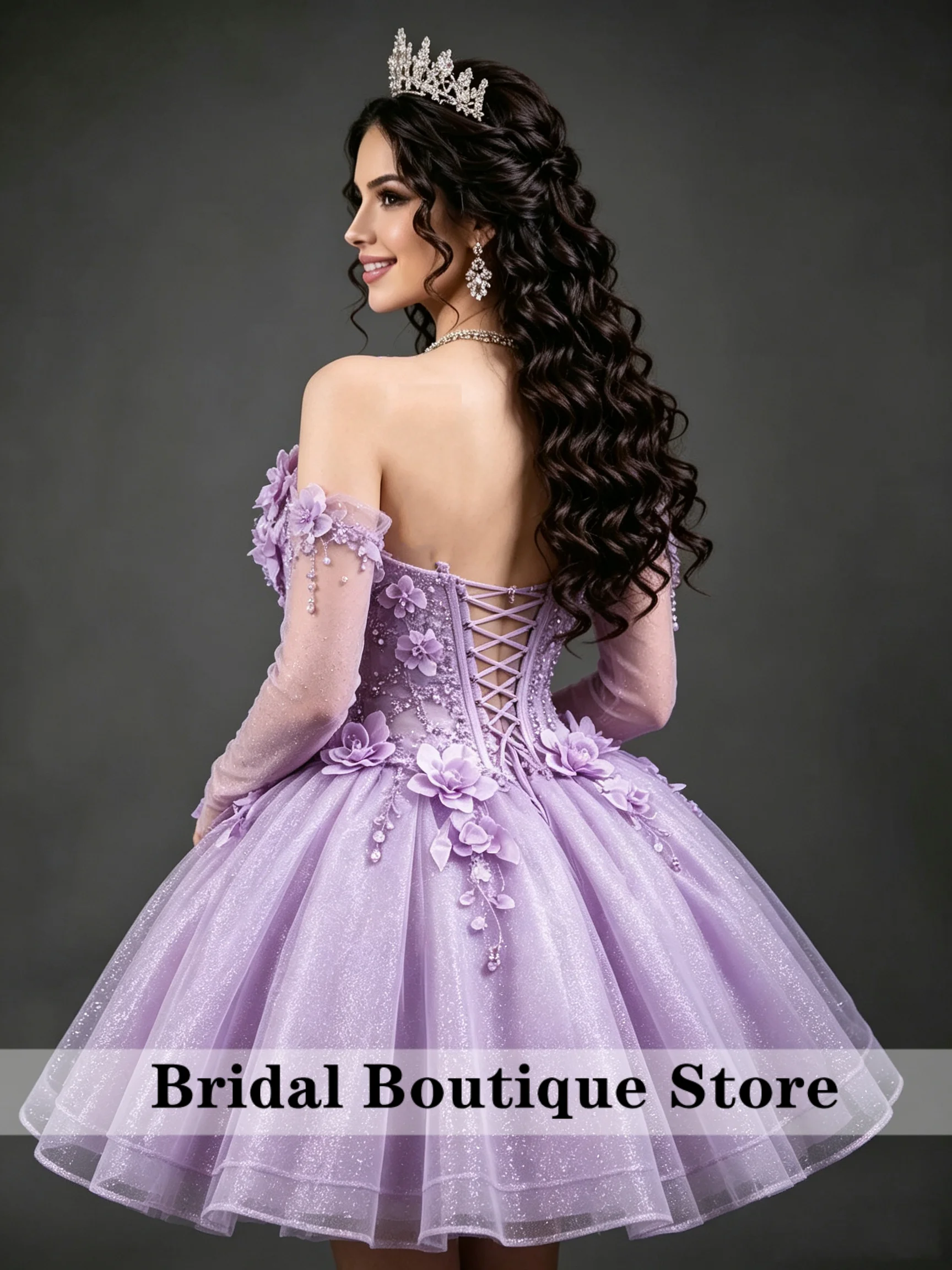 Lavender Purple Princess Quinceanera Dress 3D Floral Homecoming Dress Ball Gown Long Sleeves Birthday Party Gown Customized