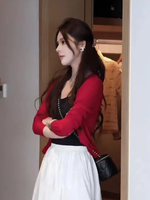 

Женский красный тонкий кардиган Zhang премиум-класса для защиты от солнца, летний повседневный белый топ с длинными рукавами, вязаная одежда