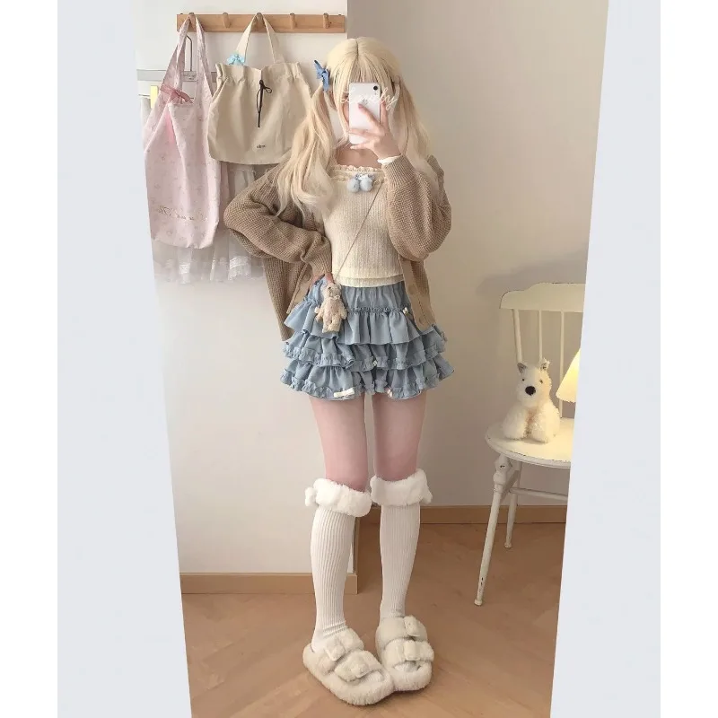 Harajuku Cake Mini Skirts Ruffles Japanese Cute Kawaii Lolita Layered Bow Pompadour Skirts Women Cosplay Pink Fluffy Short Skirt