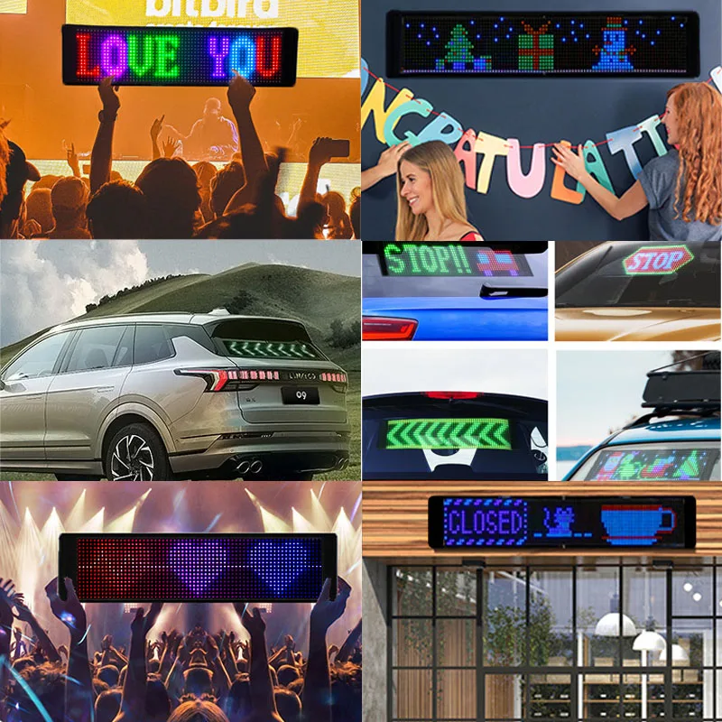 LED painel flexível RGB Film Screen para carro, controle Bluetooth App, padrão de rolagem do texto, animação, exibição programável, USB