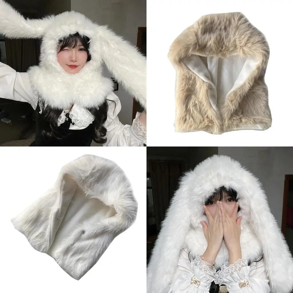 

A52E Furry Plush Balaclava Cap for Women Girl Y2K Rabbit Ear Beanie Thicken Warm Face Cover Hat Winter Hooded Hat for Skiing
