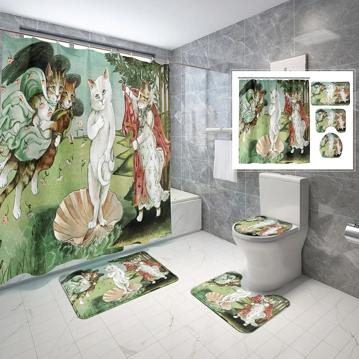 

Fun Color Painting Shower Curtain Set Green Funny Kitten Pet 4 Pcs Shower Curtain Bathroom Non-Slip Bath Mat Toilet Cover