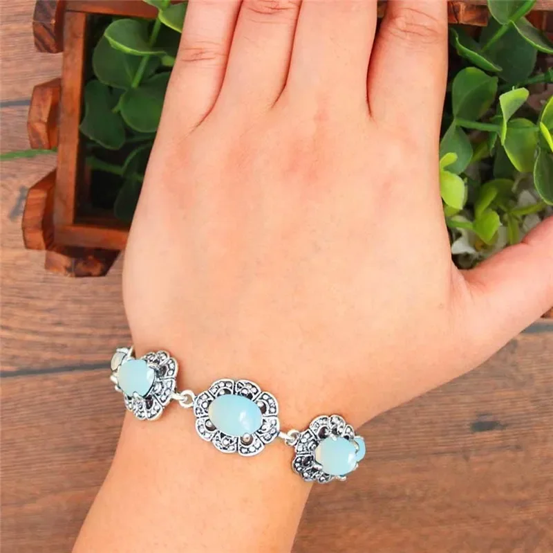 Oval Transparent Opal Flower Bracelet Vintage Look Antique Silver Plated Fashion Jewelry TB345