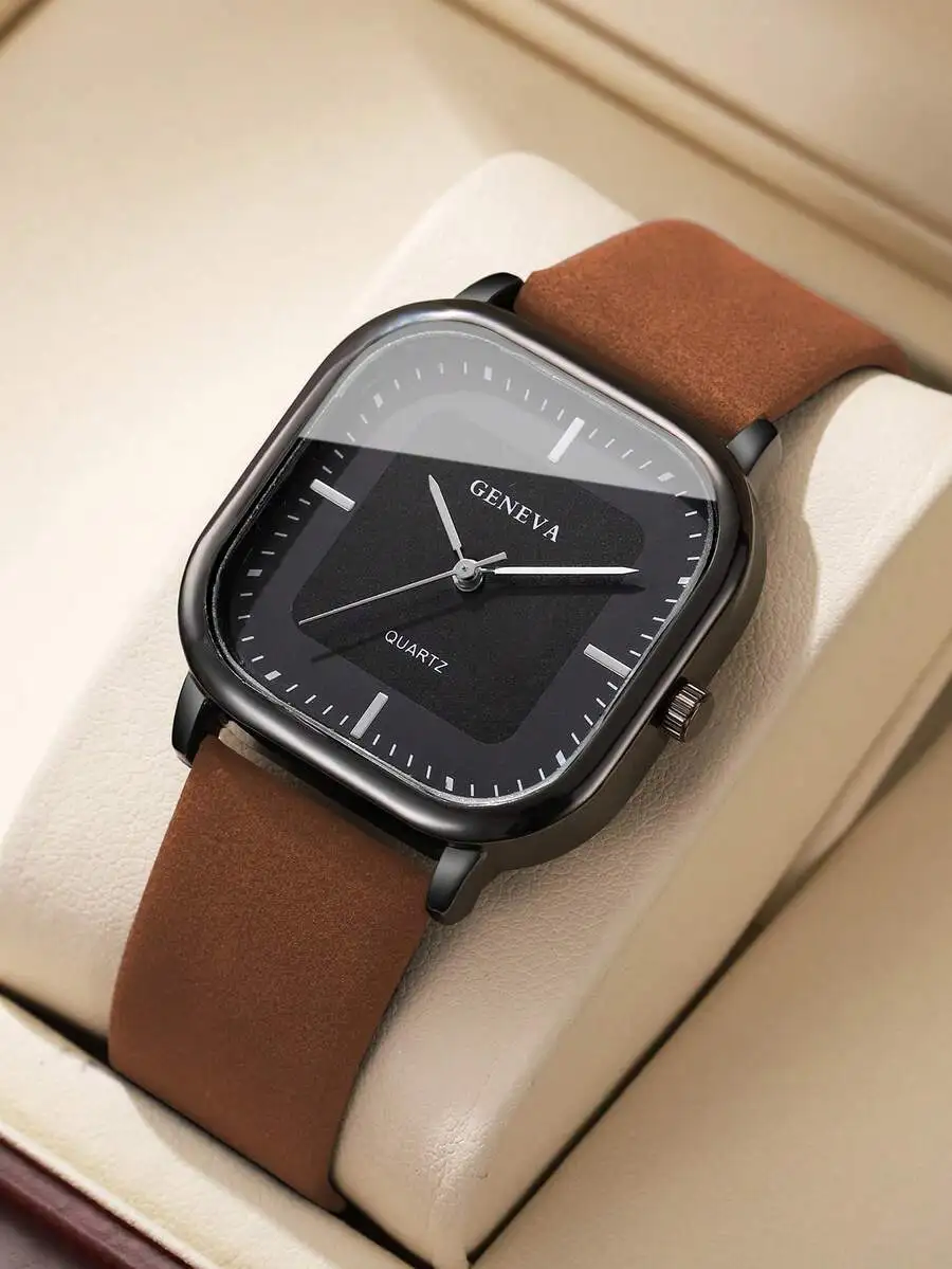 

Мужские квадратные минималистичные кварцевые часы с коричневым кожаным ремешком