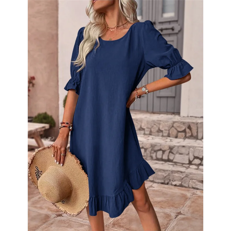 ABRT-Abito corto da spiaggia con volant e maniche a sbuffo, grembiule, girocollo, ampio e increspato