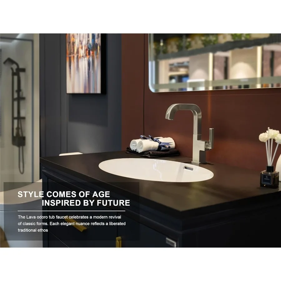 Torneira de banheiro de níquel escovado para banheiros modernos: design de um furo com alça única com bico giratório e conjunto de drenagem popup