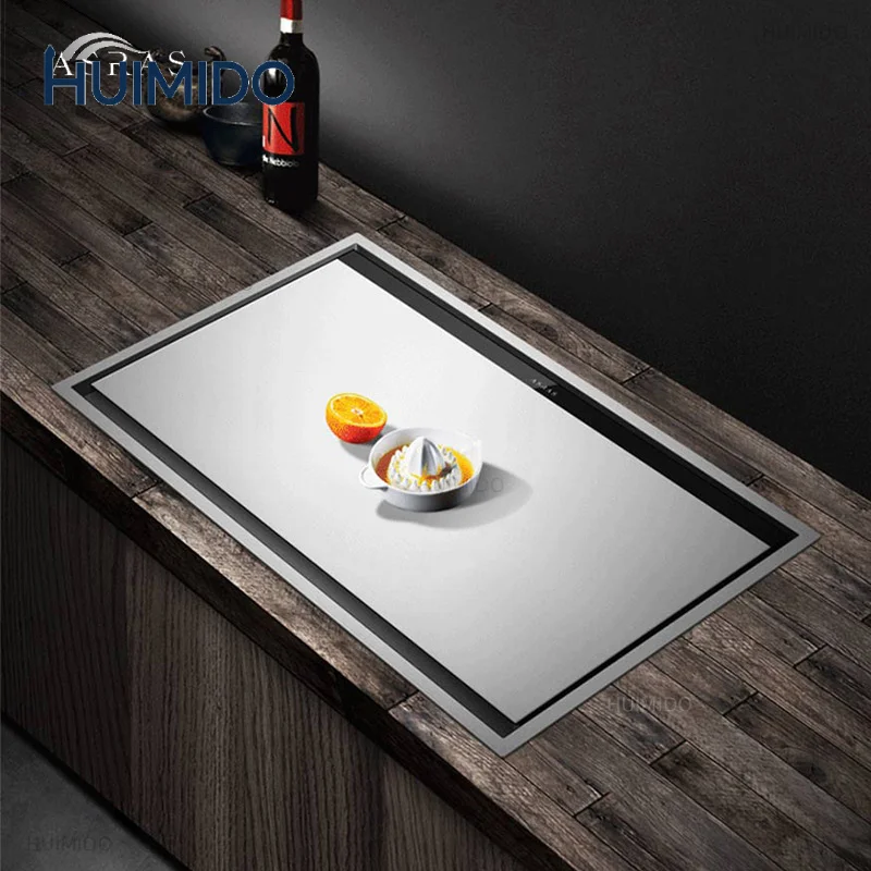 ASRAS Hidden Kitchen Sink Single Flip Cover Hidden Large Size 304 Stainless Steel 4mm Thickness Handmade Brushed Kitchen Sink
