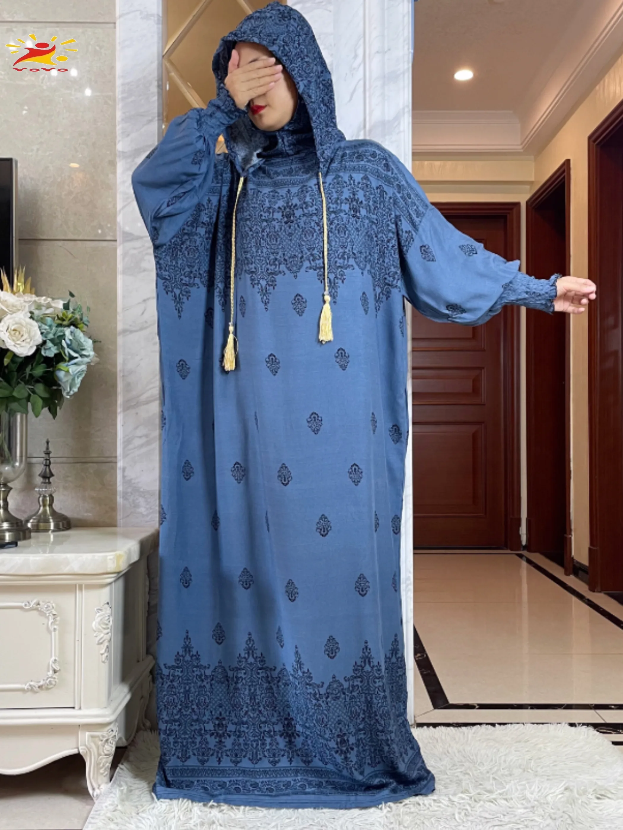 Newest Muslim Hijab Long Sleeve Women Eid Hooded Two Hats Cotton Loose Dress Dubai Islamic Maxi Arab Robe African Abaya Clothing