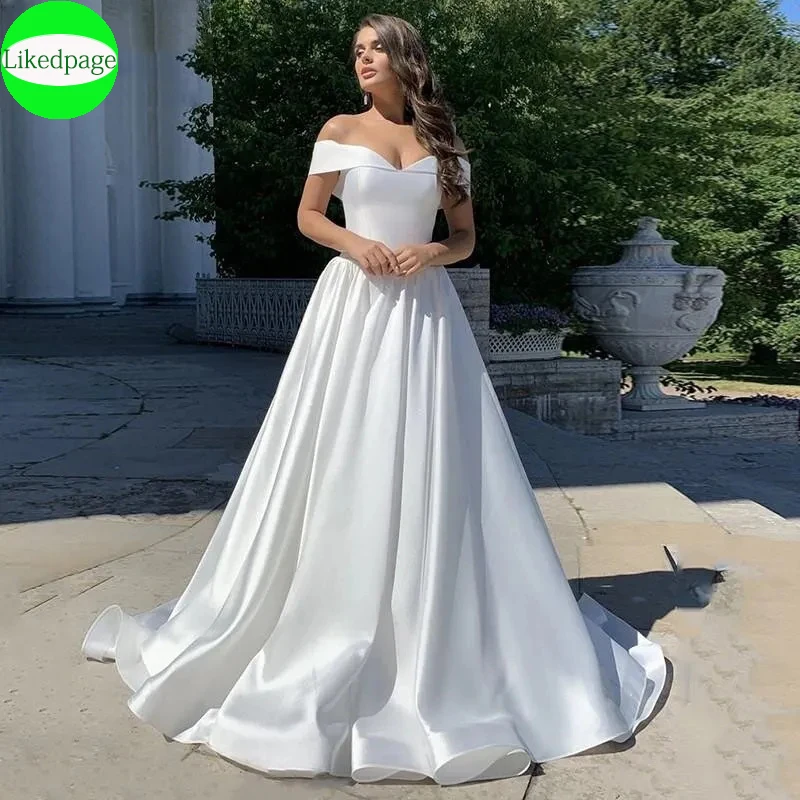 

Simple Off The Shoulder Wedding Dresses For Women2024 White Soft Satin Vestidos De Novia Backless A-Line Bride Gowns Sexy V-Neck