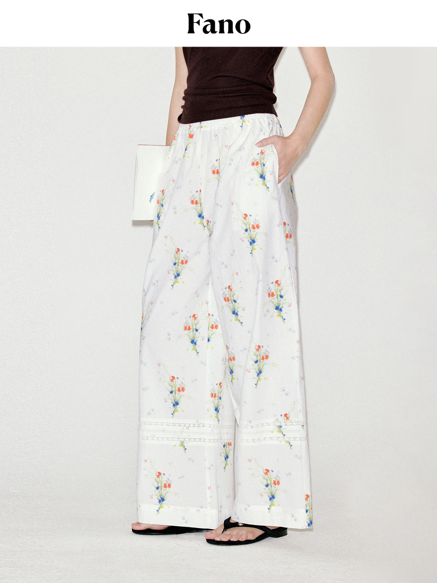 

Летние новые легкие хлопковые брюки Fano с кружевным принтом, повседневные, с высокой талией, широкими штанинами, прямого кроя, в корейском стиле, для работы и отдыха