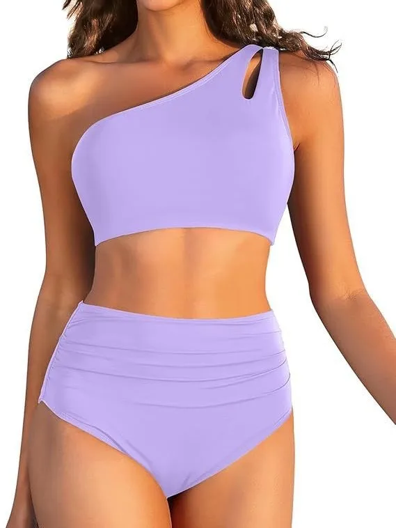 

Women's One-Shoulder Two-Piece Swimsuit, Sexy Backless High Waist Bikini Set, Solid Color Bathing Suit for Hot Spring & Beach