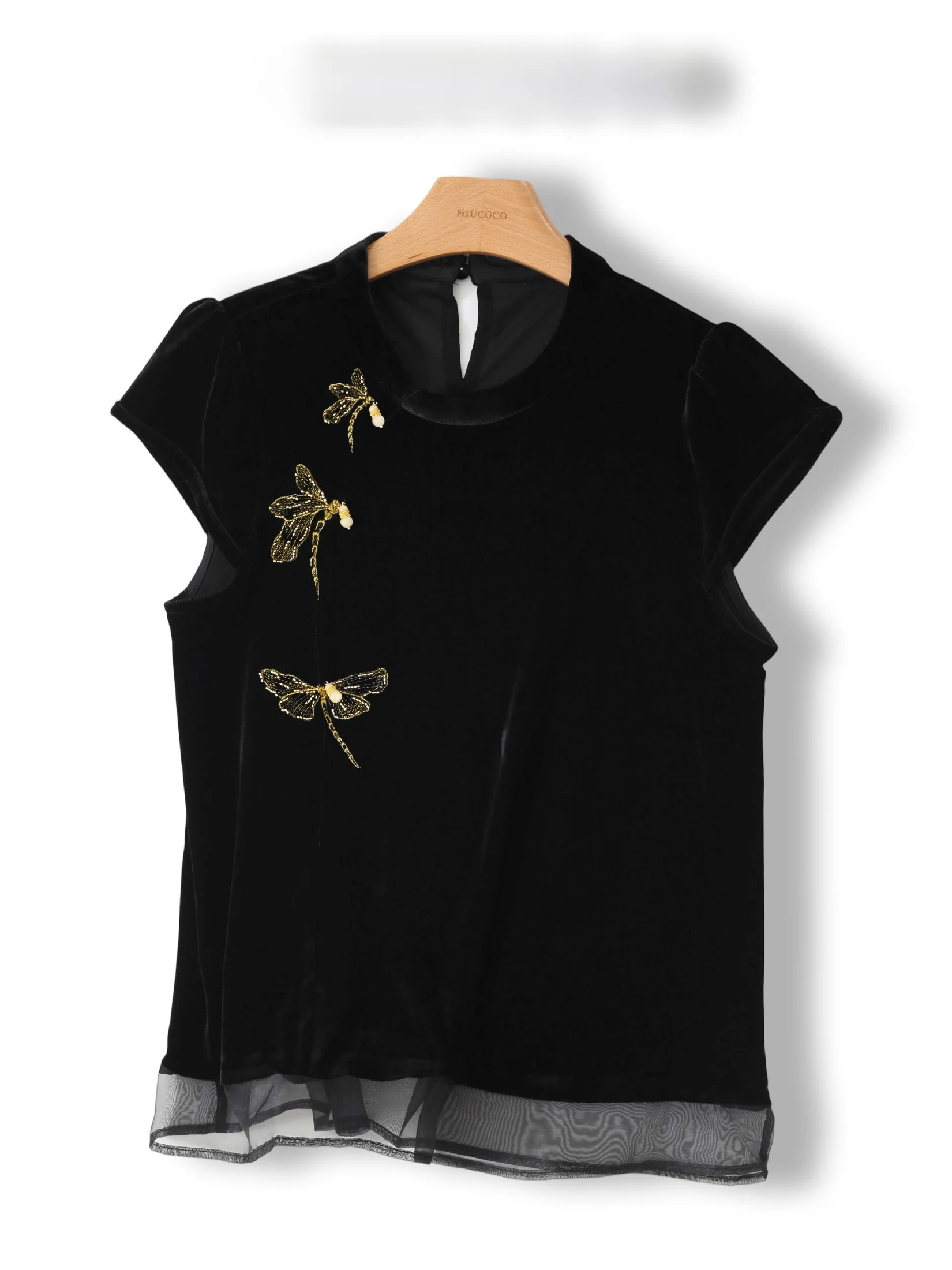 

Silk Velvet Patchwork Blouse Women's Retro Top Large Size Trendy Shirt Chinese Style Straight Tube Short Sleeve High Elasticity