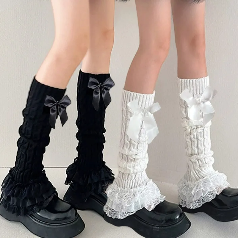 Lolita Lace Bow Leg Warmers Girls Black White Over Knee Socks Y2K Spicy Girl Flare Stockings Harajuku Women Fashion Warmers