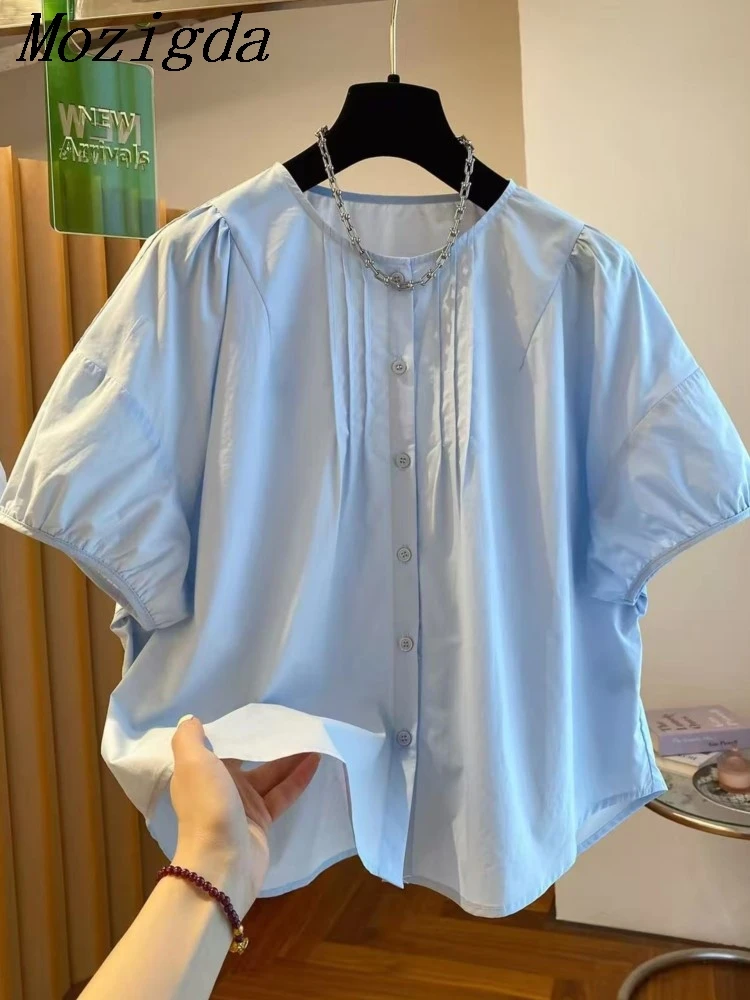 

Summer French Blue Puff Sleeve Blouse Shirt Women Fashion Blue Round Neck Sweet Loose Ladies Tops Shirts Roupas Feminina