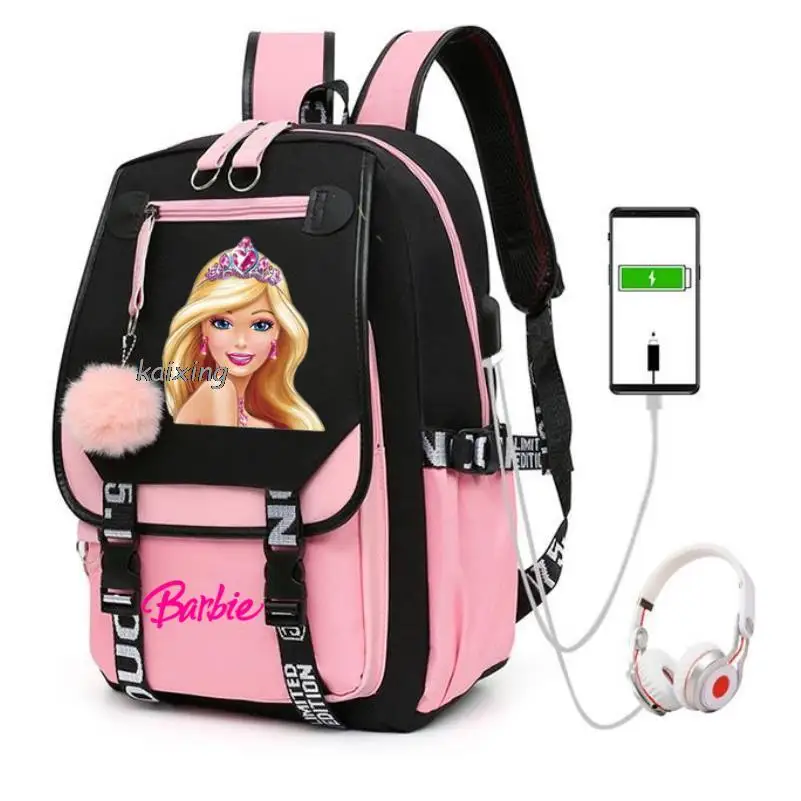 Moda Barbie film USB Charge plecak na laptopa chłopcy dziewczyny drukować nastolatki torby szkolne na laptopy kobiety mężczyźni podróżują Mochila