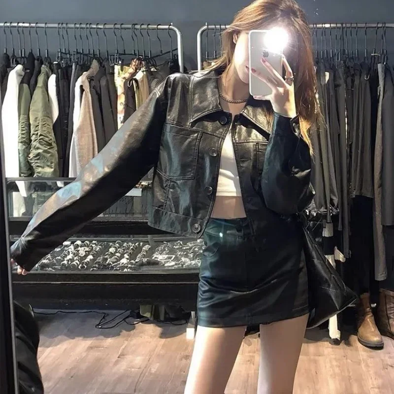 

Skirts Women Black Pu Leather Sexy Mini New Arrival Autumn Empire Mujer Straight Fashion Lined Streetwear Y2K All-match Harajuku