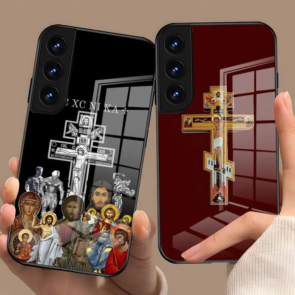 Orthodoxe Kreuz-Handyhülle für Samsung S26 S25 Plus S20 S20 Plus S22 Ultra S23 FE S21 Plus S21 Ultra Glasabdeckung
