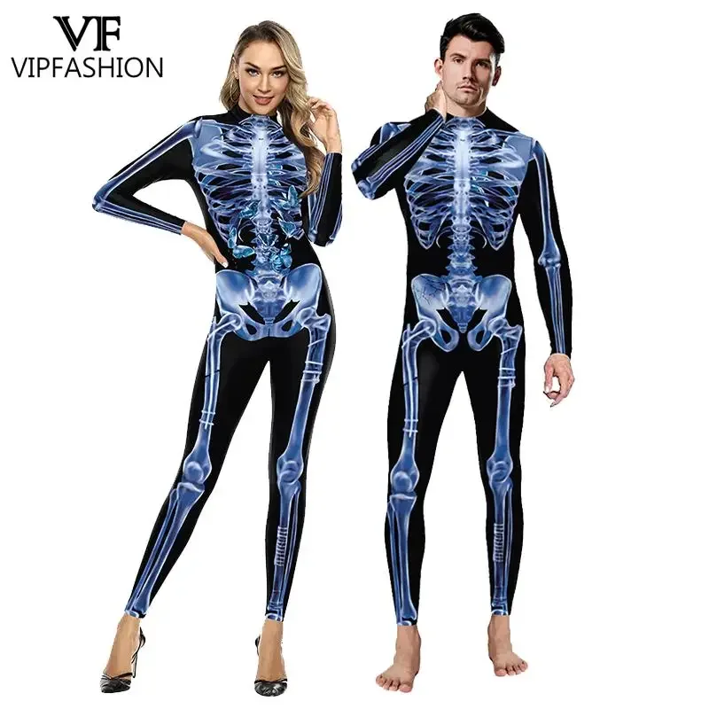 VIP FASHION Blue Skeleton Catsuit Men Women Jumpsuit Halloween Costume Carnival Zentai Bodysuit Scary Party Outfit Purim Clothes