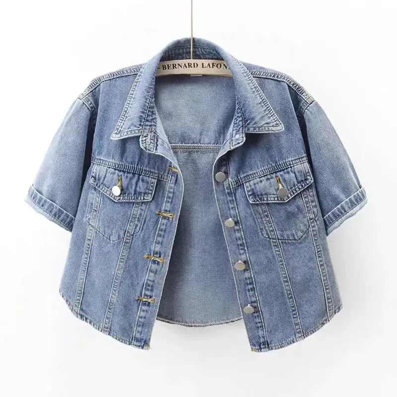 

Vintage Cropped Denim Jacket Women Summer Loose Single Breasted Turn Down Collar Short Sleeve Tops Harajuku Casual Jean Jacket