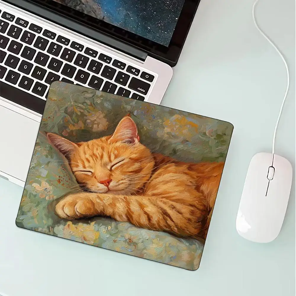 Vintage Oil Painting Orange Cat Square Gaming Mousepad Non Slip Rubber Base Stitched Edge Desk Mat for Laptop PC Office Decor
