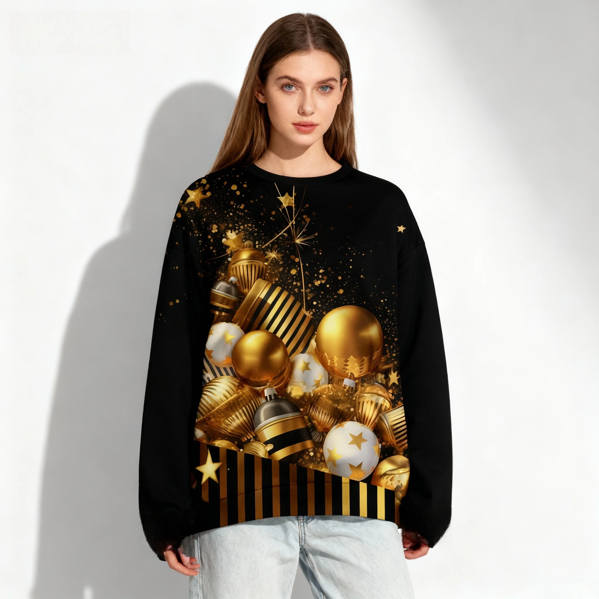 Spring and Autumn Hot Christmas Long Sleeved T-shirt 3D Round Neck Women's Adult Oversized Street Casual Daily Clothing