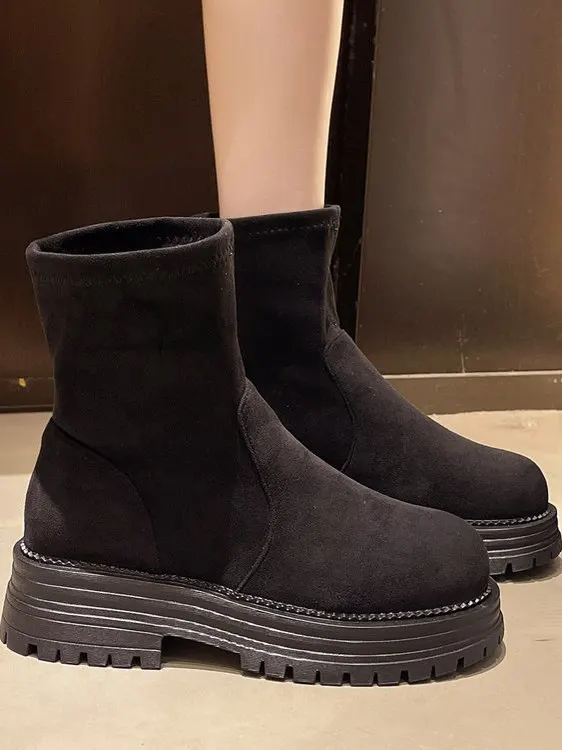 

Женские короткие ботинки с круглым носком, модные, на толстом каблуке, водонепроницаемые, на платформе, с резиновой подошвой, для весенне-осеннего сезона, однотонные.