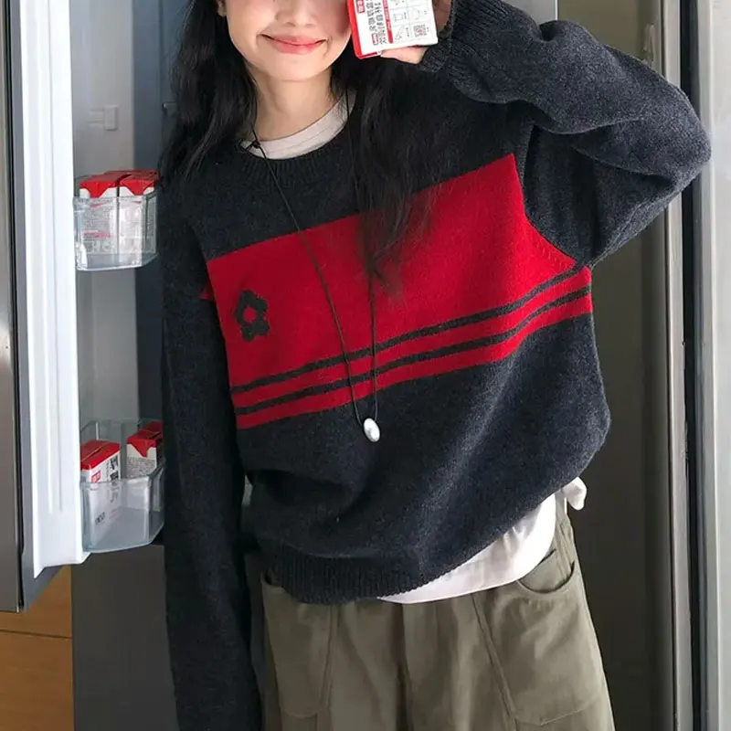 Chandails en tissage Jacquard à la mode, couleurs contrastées, vêtements épissés pour femmes, col rond, pulls tricotés amples, automne hiver