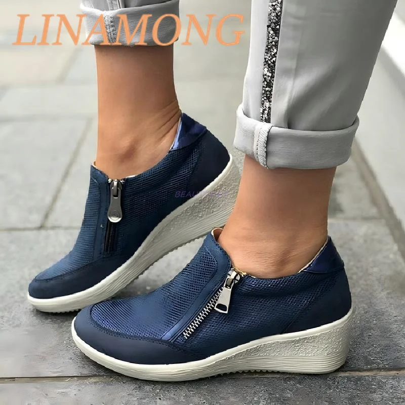 

Slope Heel Casual Mesh Shoes Round Toe Sports Style Single Shoe Sleeve Travel Shoes Front Zipper Hollow Out Women's Shoes