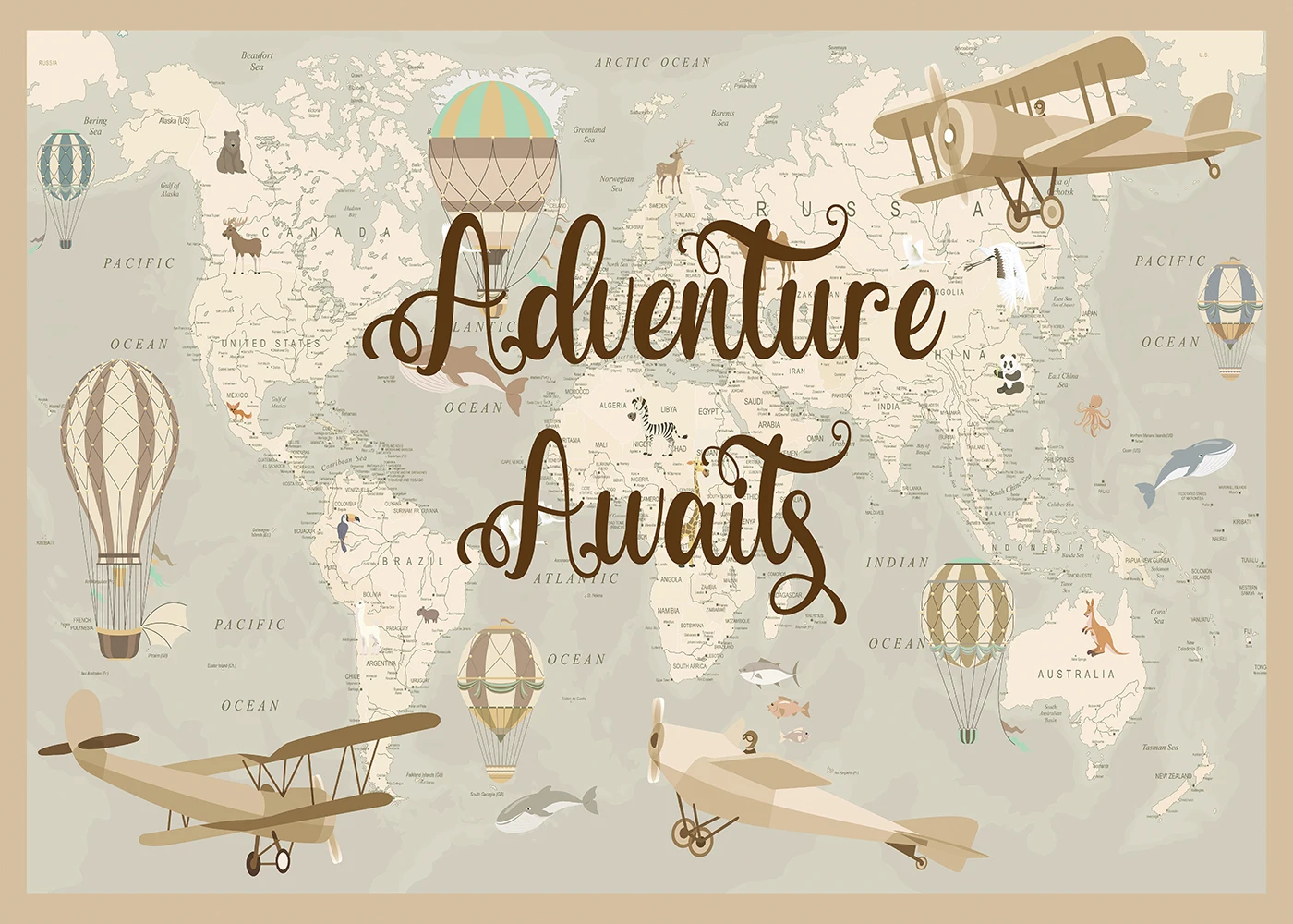 Photography Backdrop Retro World Map Airplane Hot Air Balloon Birthday Party Decor Background Photo Studio Prop