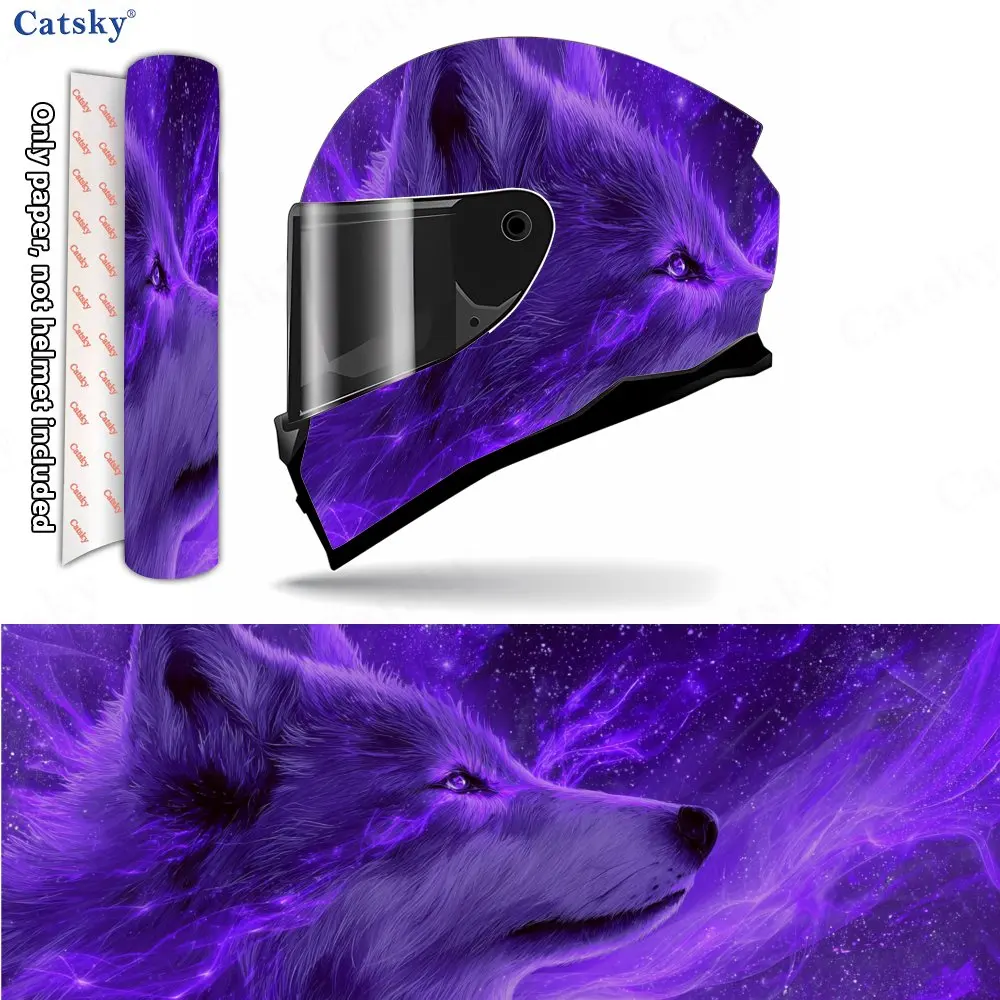 

Dreamy Purple Cosmic Wolf Helmet Vinyl Wraps, Waterproof Scratch-Resistant Full Face Helmet Decals, Durable PVC Artistic Design,