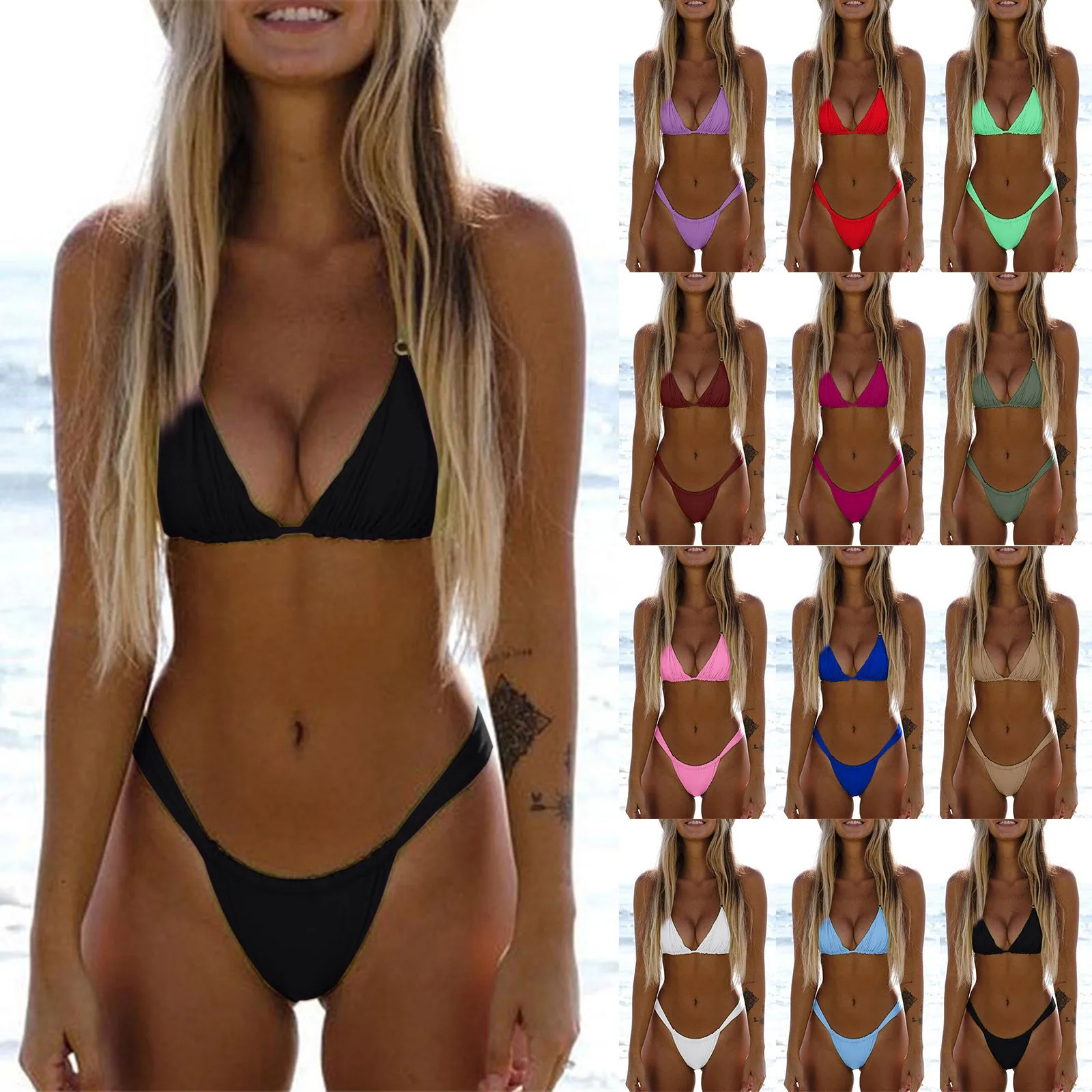 

High Waist Two pcs push Up Bikini Piece Up Women Cut Lace Solid Sexy Swimsuit Set Push Swimwears Tankinis Set Flag Bikini Top