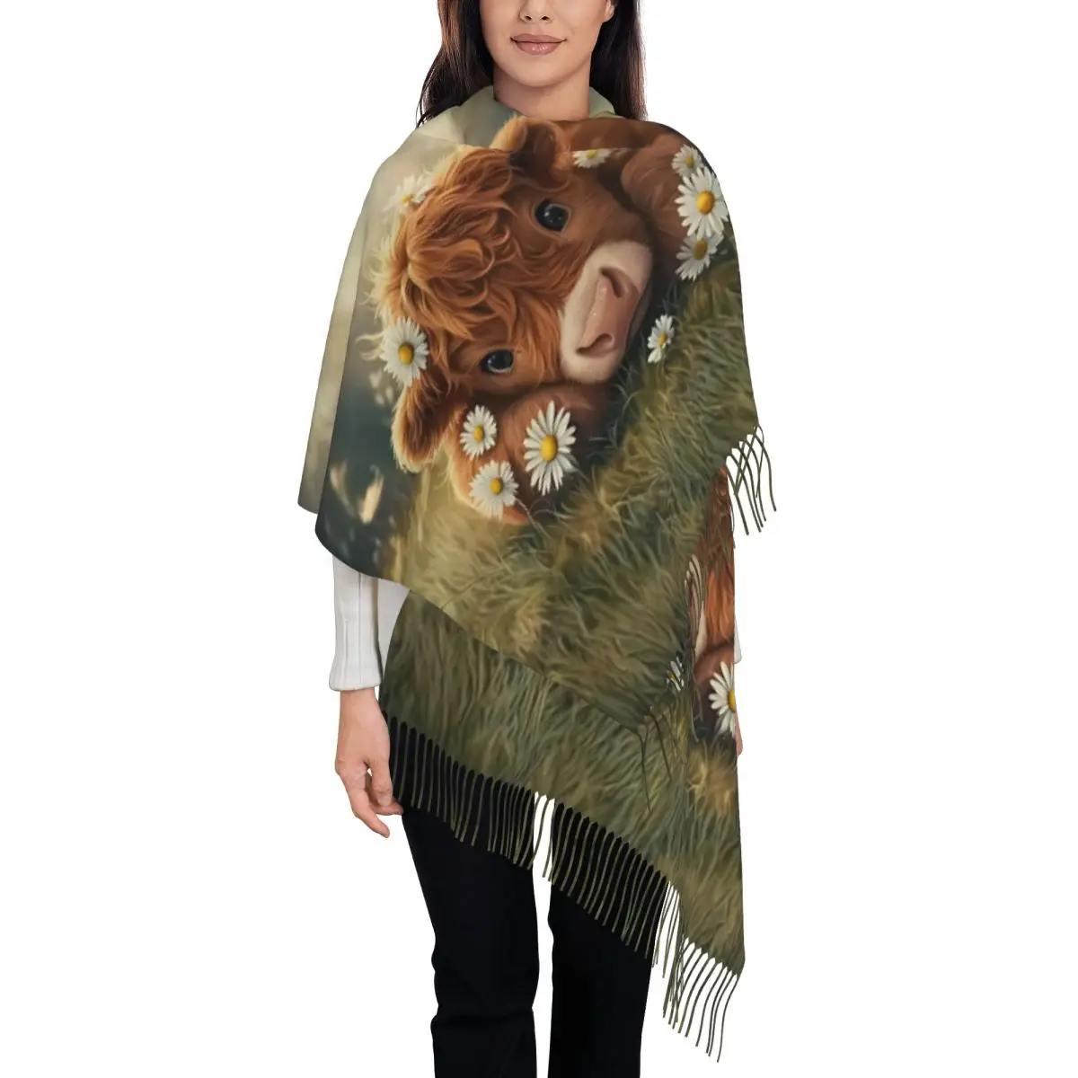 

Custom Highland Cow With Flowers Scarf Wrap Women Long Winter Fall Warm Tassel Shawl Unisex Scarves