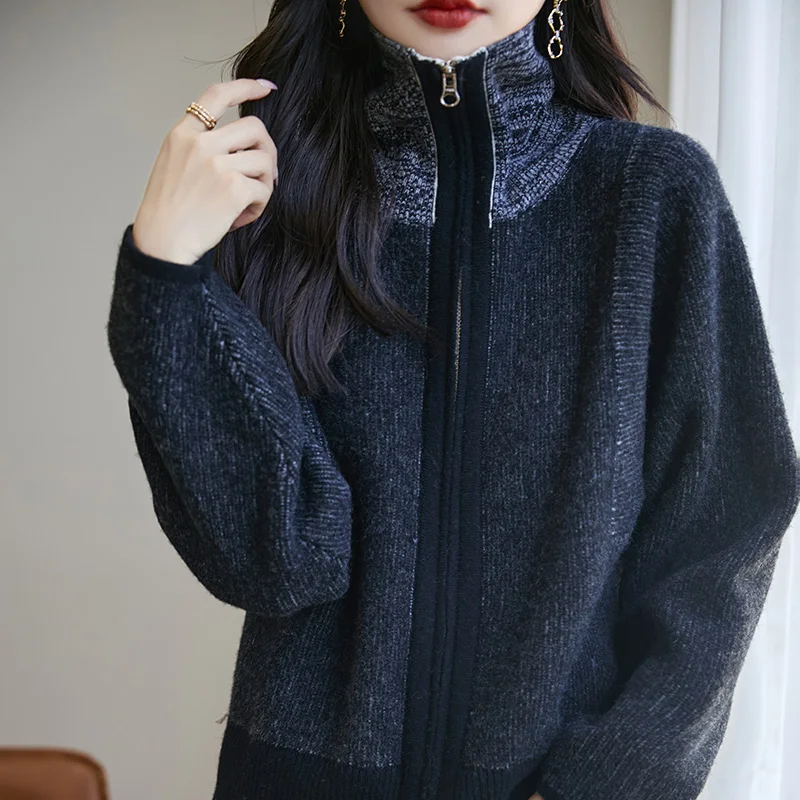 Women's Thick Stand Collar Coat 100% Merino Wool Knitted Cardigan Korean High Quality Autumn/Winter Warm Sweater Loose Knit Top