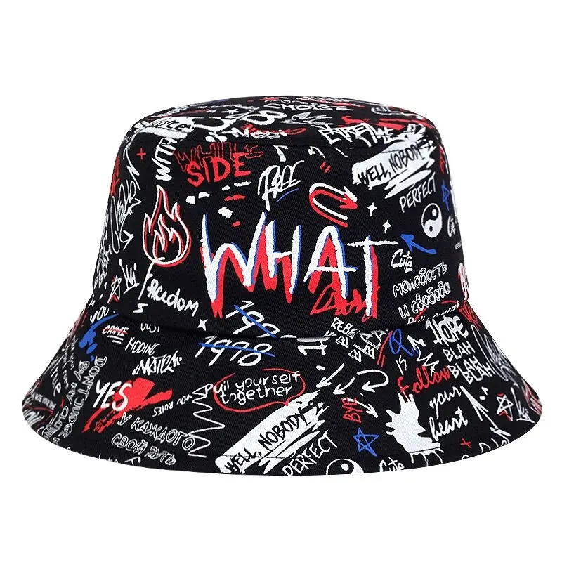 Unisex What Graffiti Printing Personality Bucket Hats Fishermen Caps Outdoor Casual Cap Sunscreen Hat