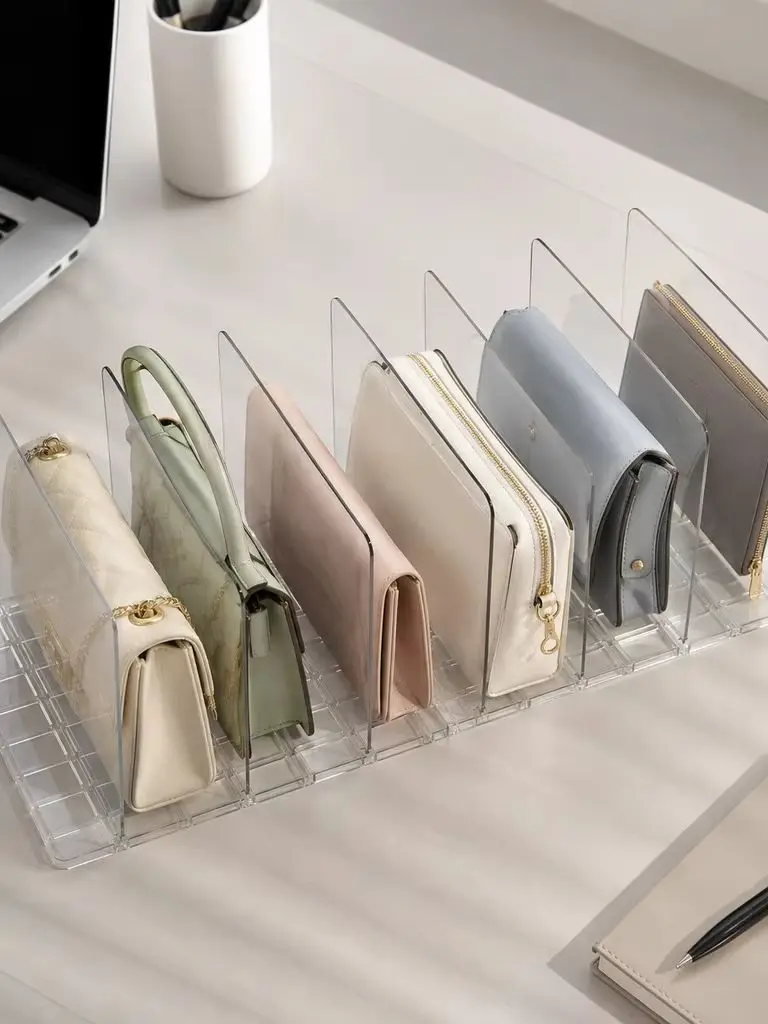 Clear Acrylic Purse Organizer for Closet, 2 Base 7 Pcs Handbag Divider, Adjustable Anti‑Tip Bag Storage Separator, Transparent Wardrobe Shelf Partition for Handbags Wallets
