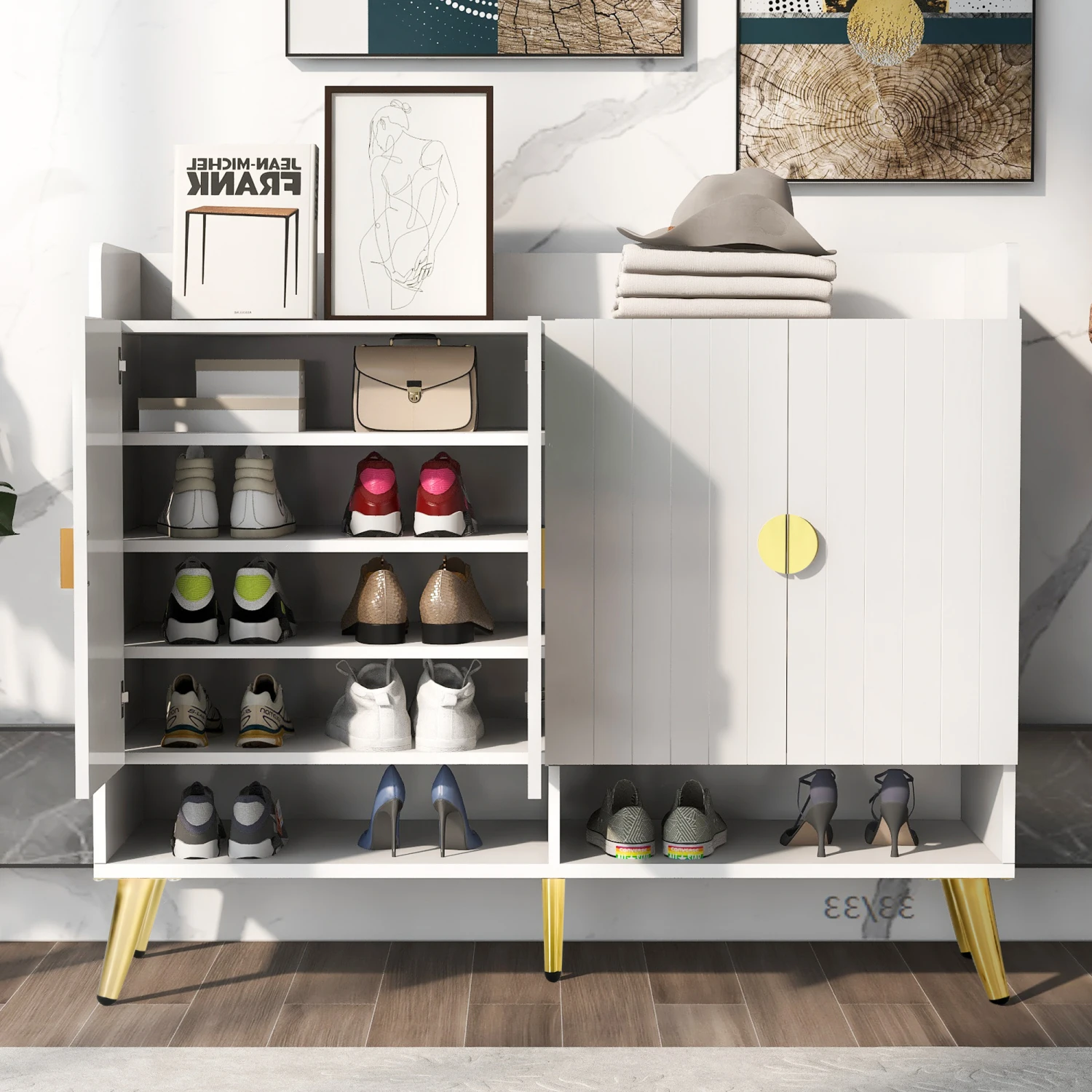 

U-Can Shoe Cabinet with Doors, 11-Tier Shoe Storage Cabinet with Adjustable Shelves, Modern Wooden Shoes Shoe Storage Organizer