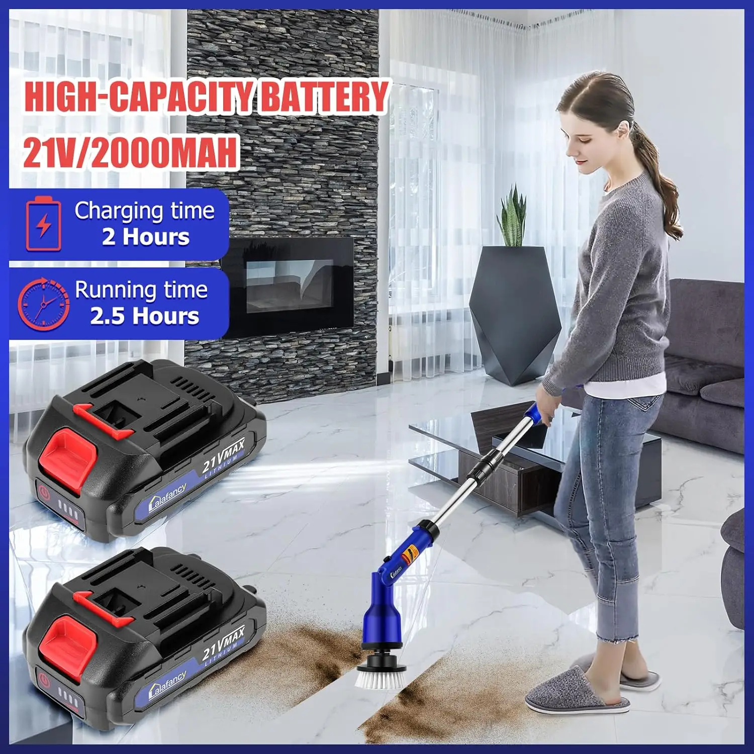 Bathroom Scrubber Electric with 2 Batteries, 1000RPM Cordless Spin Scrubber with 6 Replaceable Heads, Power Shower Cle