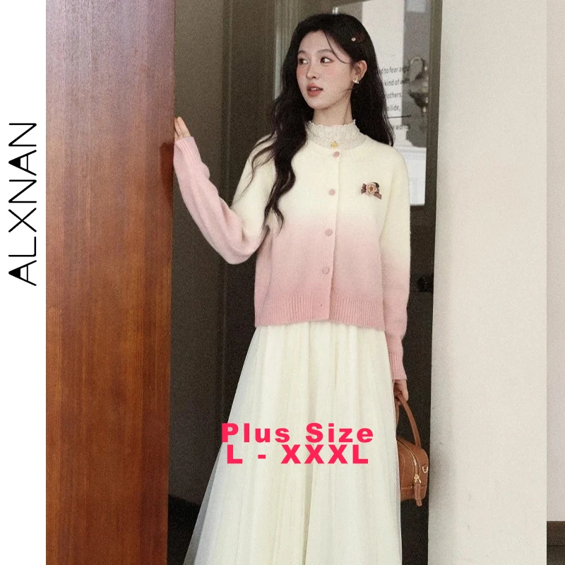 ALXNAN-cárdigan de punto rosa degradado de talla grande para mujer, suéter con diseño de flores 3d y cuello redondo, Tops cálidos de punto de manga larga D13110