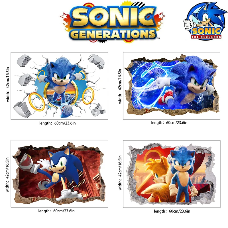 Sonic The Hedgehog Adesivos para Crianças Decoração de Quarto, Cartoon Anime Character Image, Adesivo impermeável de carro, Atacado, 4 estilos