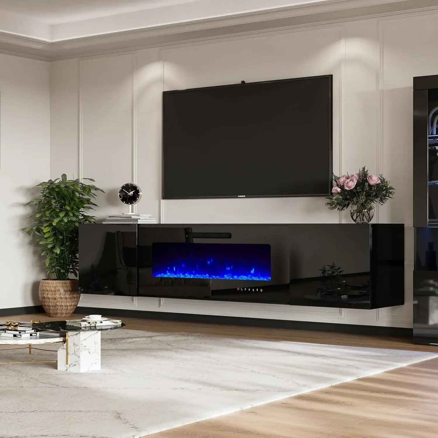 

Floating Fireplace TV Stand, Wall Mounted Mirrored Entertainment Center with 40" Electric Fireplace for TVs Up to 90", Black