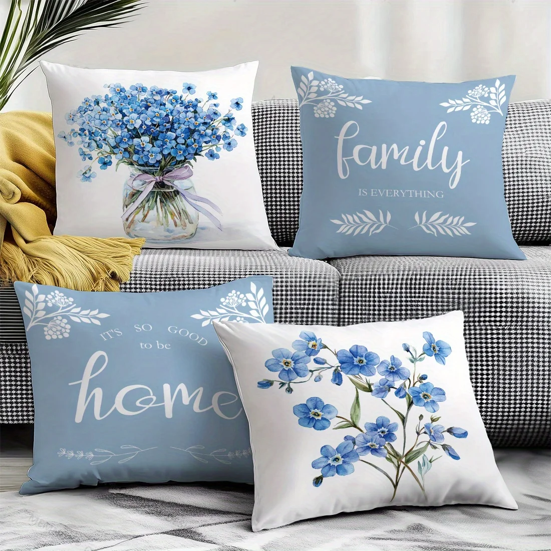 4Pcs Blue Flower Pillow Covers 45x45cm Double-sided Printed Forget-me-not Family Home Cushion Cases Floral Decor No Insert