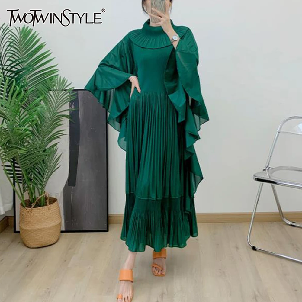 

TWOTWINSTYLE Solid Spliced Folds Loose Dresses For Women Turtleneck Flare Sleeve High Waist Minimalist Chic Dress Female Clothes